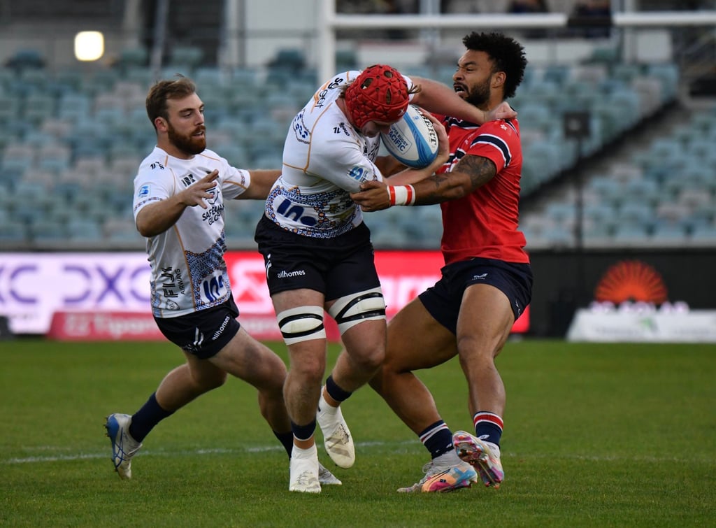 Max Denmark (right) puts in a tackle for Hong Kong against ACT Brumbies A in May. Photo: HKCR Max Denmark (right) puts in a tackle for Hong Kong against ACT Brumbies A in May. Photo: HKCR