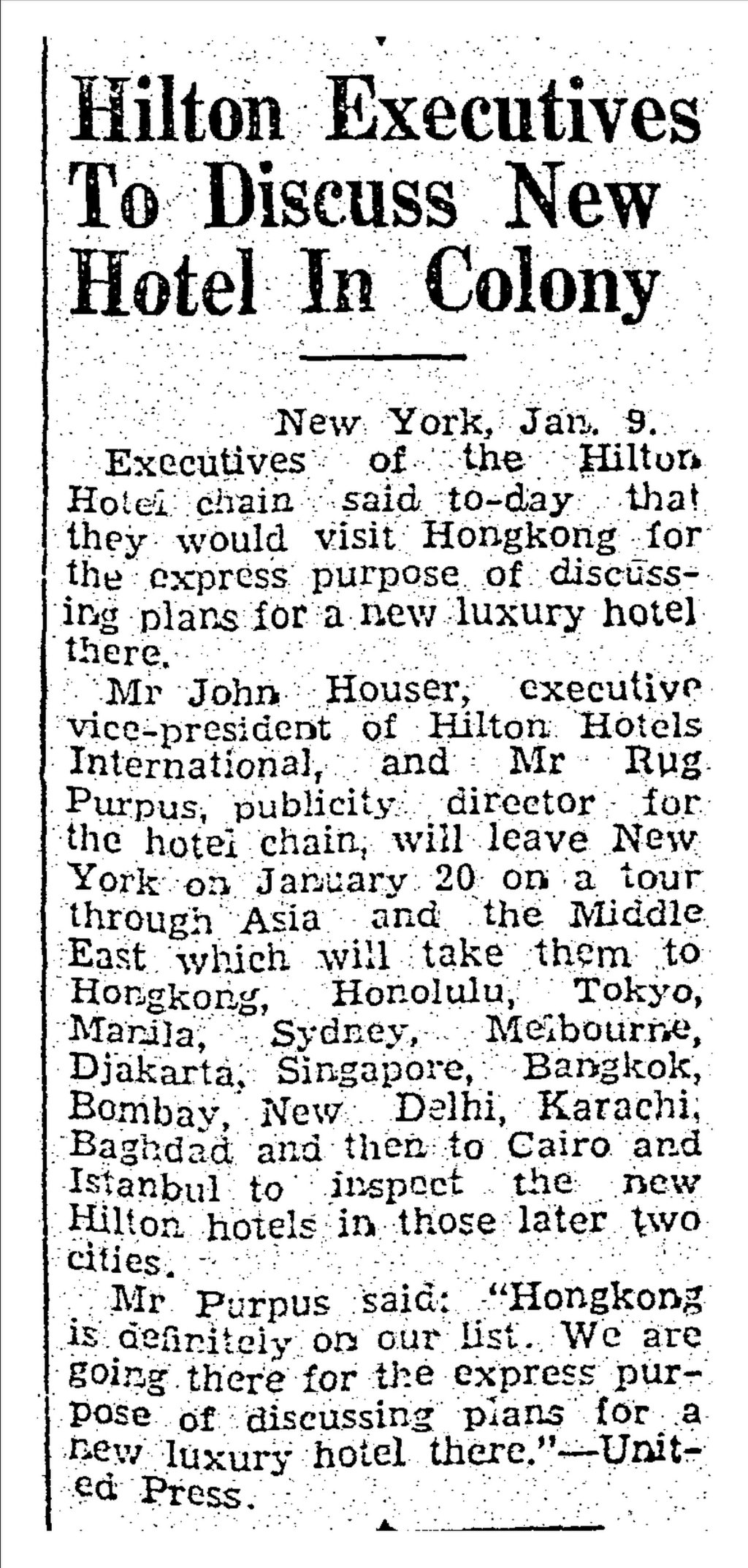 How the South China Morning Post broke the story of the plans for a Hilton Hotel in the city on January 11, 1956. Photo: SCMP Archives How the South China Morning Post broke the story of the plans for a Hilton Hotel in the city on January 11, 1956. Photo: SCMP Archives