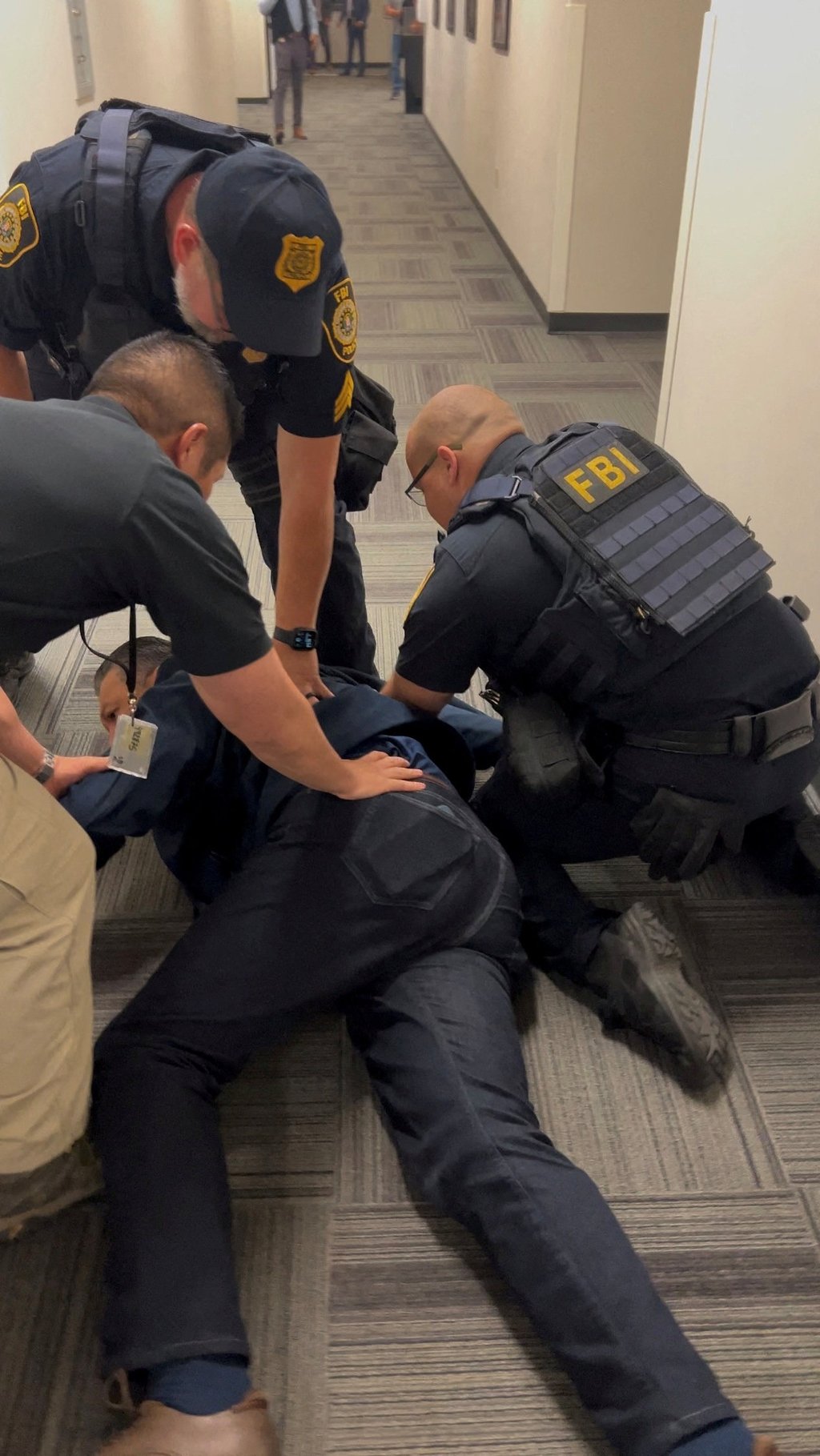 US Senator Alex Padilla being held down. Photo: Office of Senator Alex Padilla via Reuters US Senator Alex Padilla being held down. Photo: Office of Senator Alex Padilla via Reuters