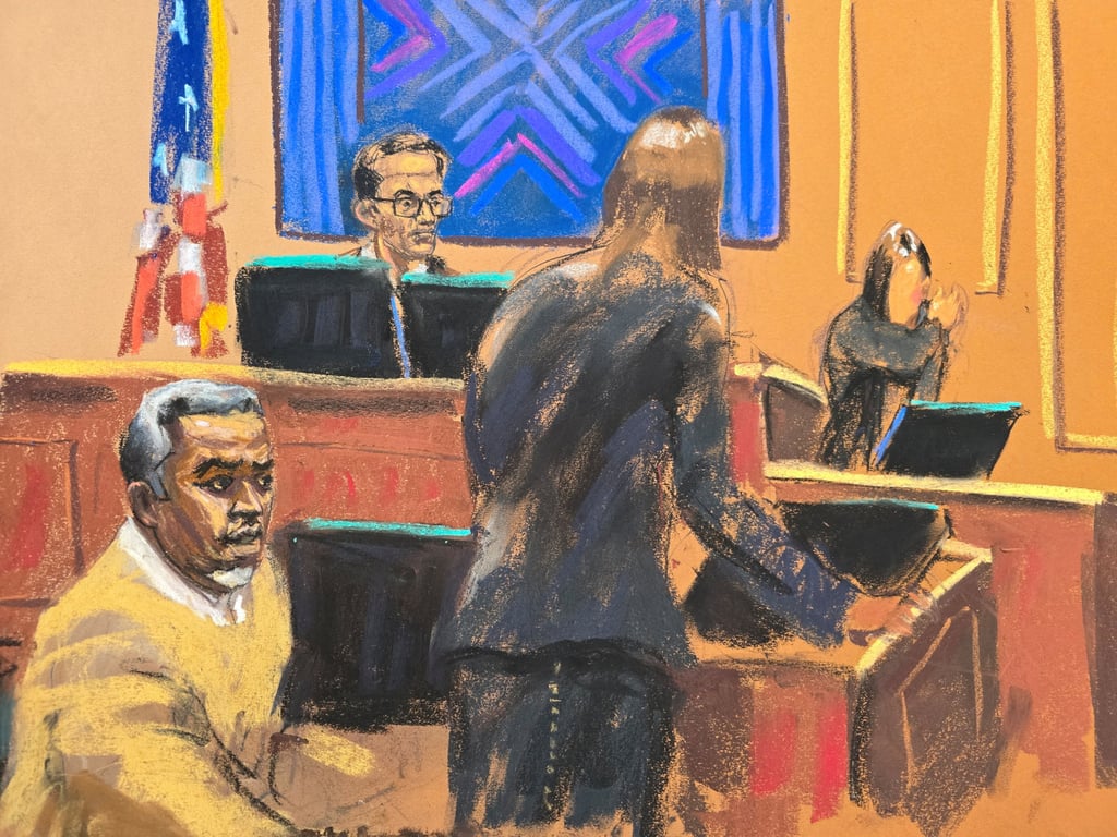 “Jane” (right) demonstrates a choke hold that she says Sean “Diddy” Combs put her in during his trial in New York on Thursday. Courtroom sketch: Jane Rosenberg via Reuters “Jane” (right) demonstrates a choke hold that she says Sean “Diddy” Combs put her in during his trial in New York on Thursday. Courtroom sketch: Jane Rosenberg via Reuters