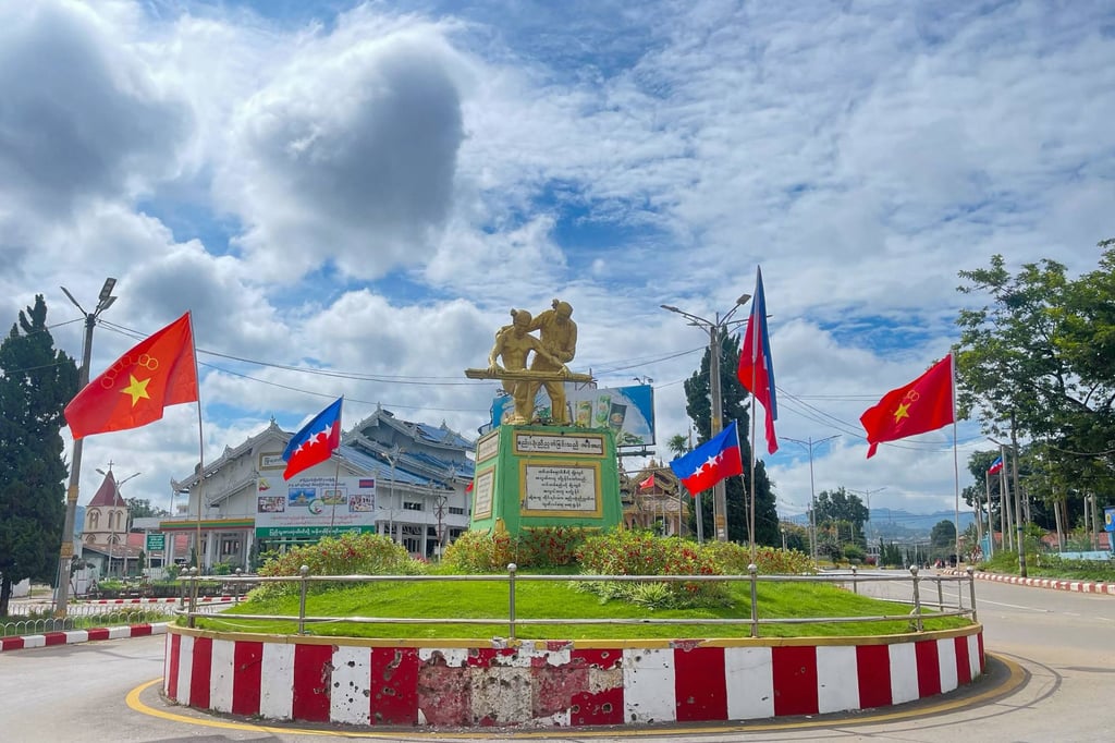 Myanmar National Democratic Alliance Army (MNDAA) ethnic armed group flags and Alliance flags raised on a roundabout in downtown Lashio in Myanmar’s northern Shan State, following days of clashes with Myanmarís military in the region, on August 10 last year. Photo: AFP Myanmar National Democratic Alliance Army (MNDAA) ethnic armed group flags and Alliance flags raised on a roundabout in downtown Lashio in Myanmar’s northern Shan State, following days of clashes with Myanmarís military in the region, on August 10 last year. Photo: AFP