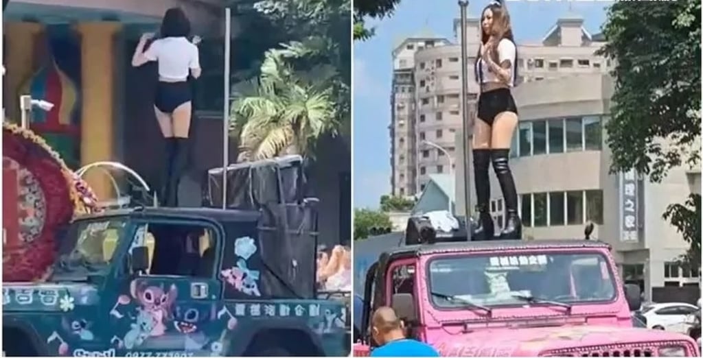 The dancers climbed atop the roofs of two SUVs, where poles were set up, and continued their performance from that elevated position. Photo: SET News The dancers climbed atop the roofs of two SUVs, where poles were set up, and continued their performance from that elevated position. Photo: SET News