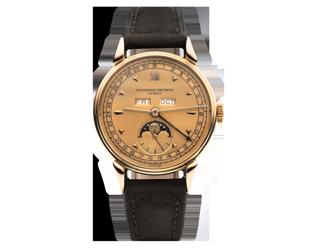 Vacheron Constantin Heritage private collection wristwatch from 1946, featuring an 18k pink gold case, a complete calendar with moon-phase complication, and powered by the calibre 12” 1/2 495 movement. Photo: Handout