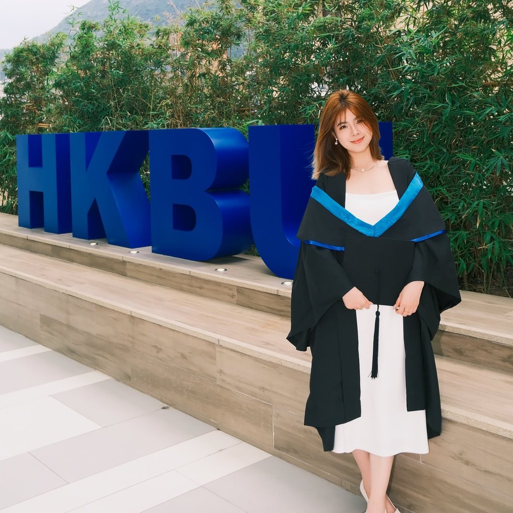 Hong Kong Baptist University student Jessica Luo wore a classic white fitted knee-length dress under her graduation robes. Photo: Jessica Luo Hong Kong Baptist University student Jessica Luo wore a classic white fitted knee-length dress under her graduation robes. Photo: Jessica Luo