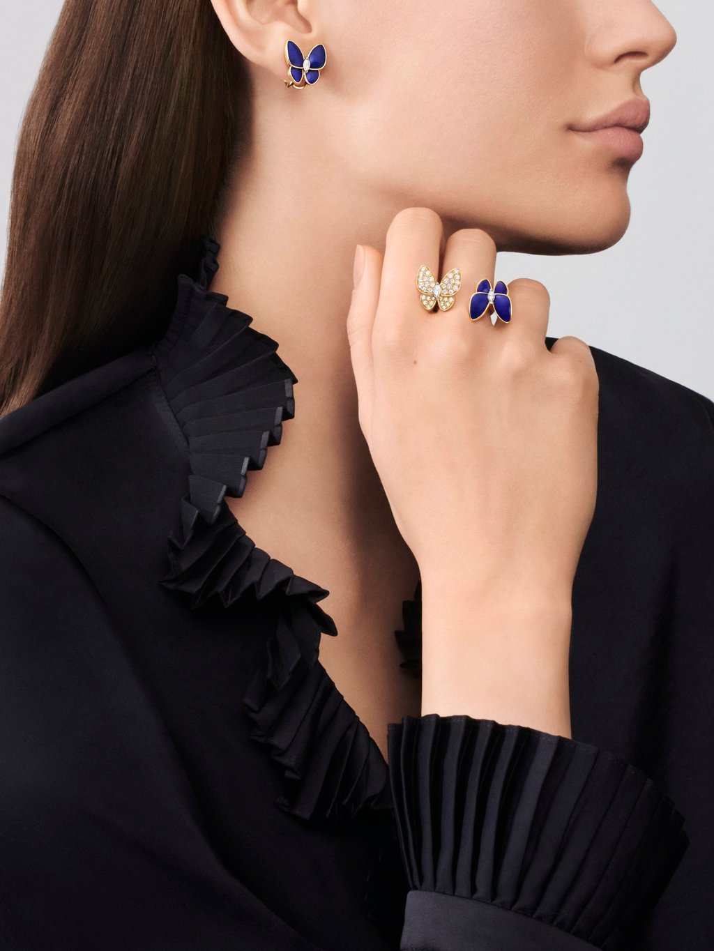 Van Cleef & Arpels Two Butterfly ring in yellow gold, diamond and lapis lazuli, and earring in lapis lazuli. Photo: Handout Van Cleef & Arpels Two Butterfly ring in yellow gold, diamond and lapis lazuli, and earring in lapis lazuli. Photo: Handout