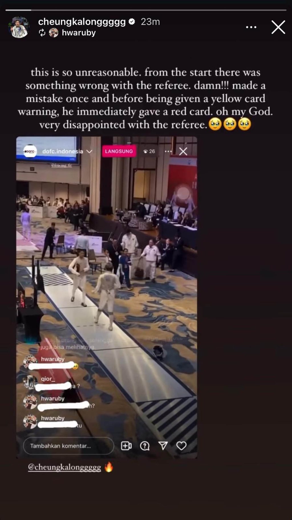 Cheung Ka-long reposted a story from a supporter onto his social media after the loss. Photo: Instagram