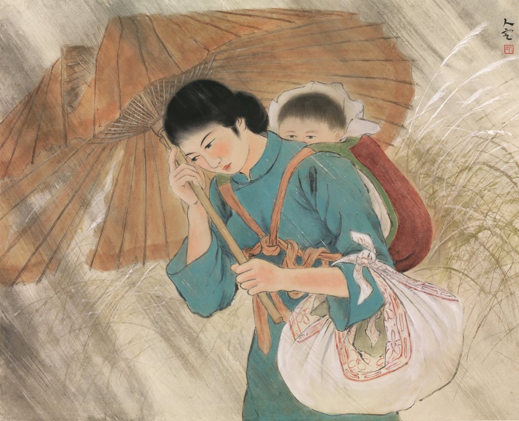 Mother and Child in the Rain (1932) by Fang Rending. Photo: courtesy MK Lau Collection