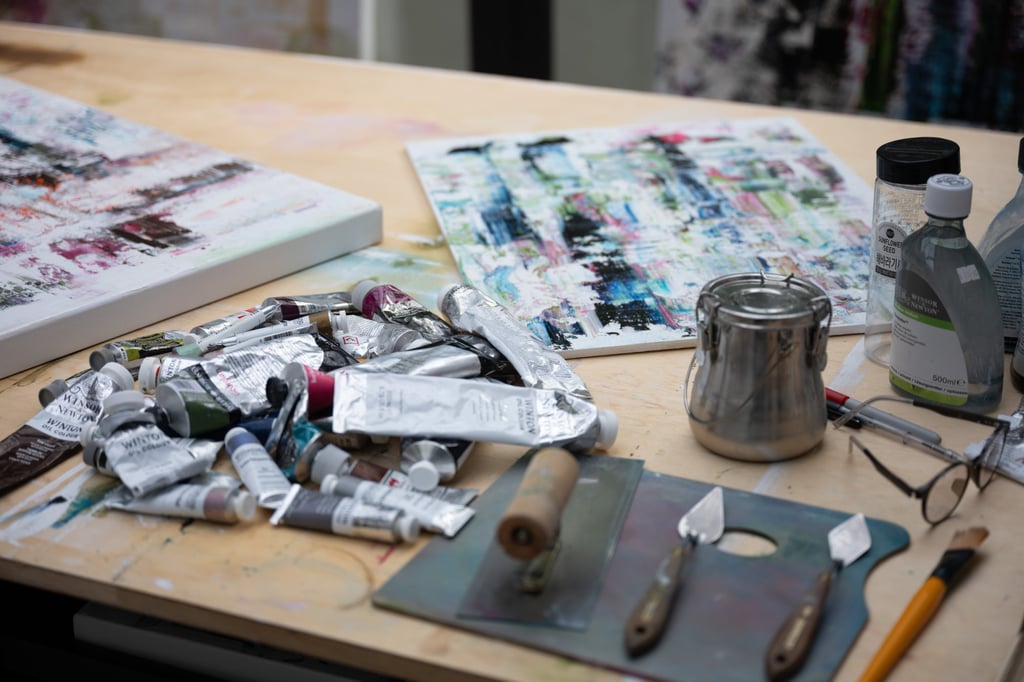 Paint and tools on a workbench at Jessica Zoob’s studio gallery and workspace, in Mui Wo, on Lantau’s eastern coast in Hong Kong. Photo: Eugene Chan