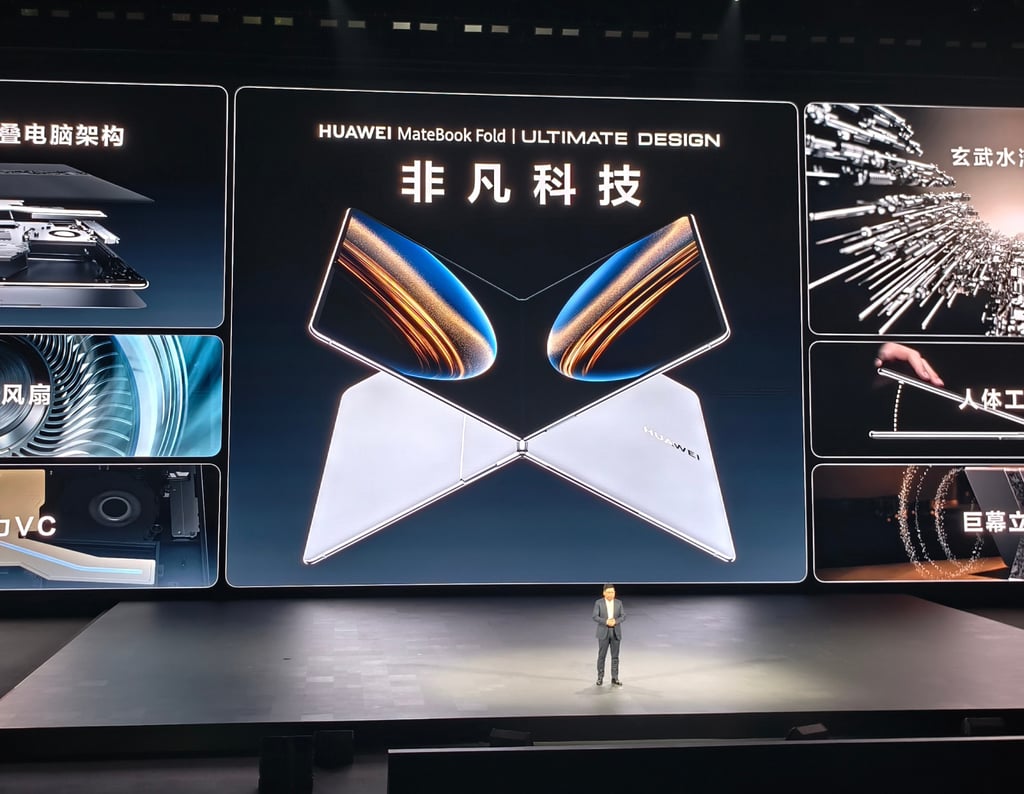 Richard Yu Chengdong, chairman of Huawei’s consumer business group, introduces the company’s laptop with a foldable screen running HarmonyOS on May 19. Photo: Weibo