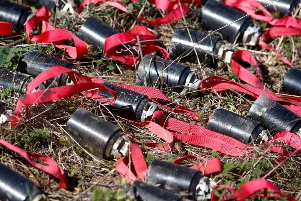 Unexploded cluster bomblets collected after recent shelling during the military conflict over the breakaway region of Nagorno-Karabakh are seen on the outskirts of Stepanakert, Azerbaijan, in October 2020. Photo: Reuters Unexploded cluster bomblets collected after recent shelling during the military conflict over the breakaway region of Nagorno-Karabakh are seen on the outskirts of Stepanakert, Azerbaijan, in October 2020. Photo: Reuters