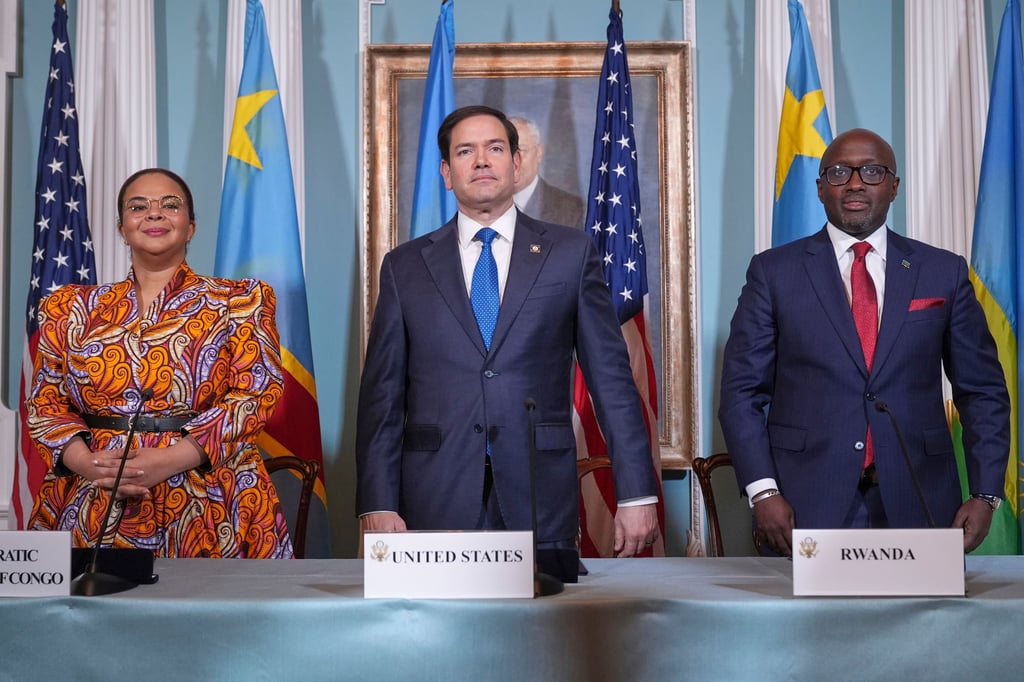 US Secretary of State Marco Rubio hosts Congo’s Foreign Minister Therese Kayikwamba Wagner (left) and Rwanda’s Foreign Minister Olivier Nduhungirehe (right) in Washington in April. Photo: AP US Secretary of State Marco Rubio hosts Congo’s Foreign Minister Therese Kayikwamba Wagner (left) and Rwanda’s Foreign Minister Olivier Nduhungirehe (right) in Washington in April. Photo: AP