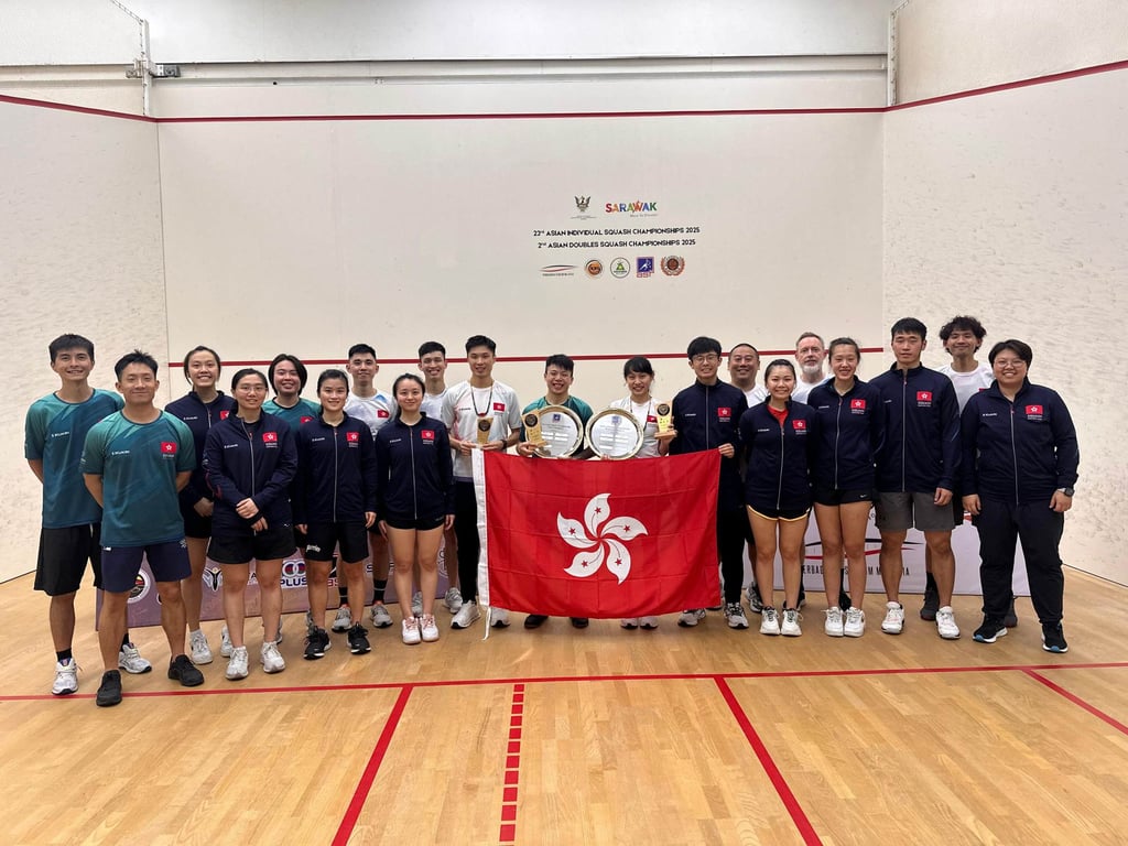 The Hong Kong team pose with their silverware. Photo: Squash Association of Hong Kong, China