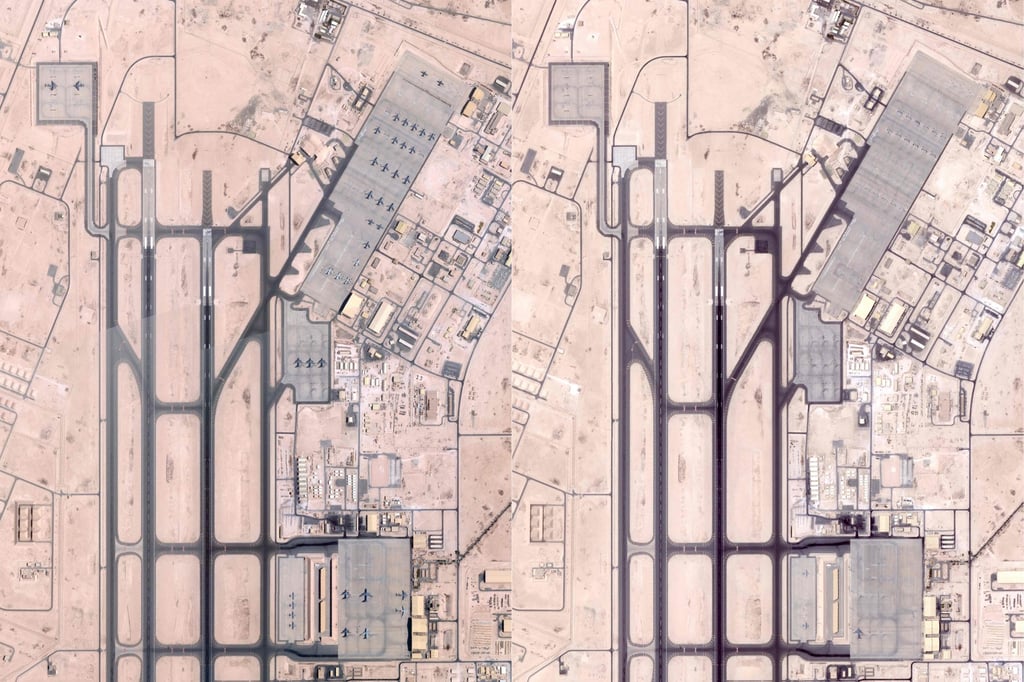This combination of satellite photos obtained from Planet Labs PBC shows military planes at the US military base of Al-Udeid in Qatar (left) on June 5, and a photo taken on June 19, 2025 (right) which shows no more planes. Photo: AFP