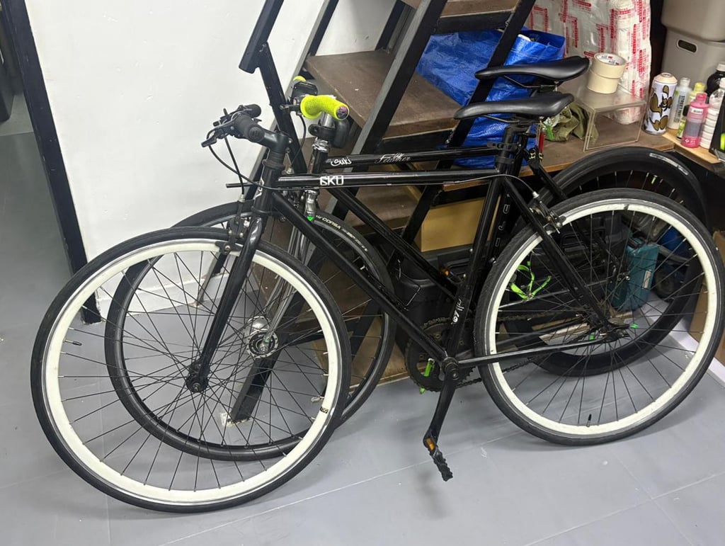 Officers searched an industrial unit in Kwun Tong and seized three bicycles and spray paint. Photo: Handout Officers searched an industrial unit in Kwun Tong and seized three bicycles and spray paint. Photo: Handout