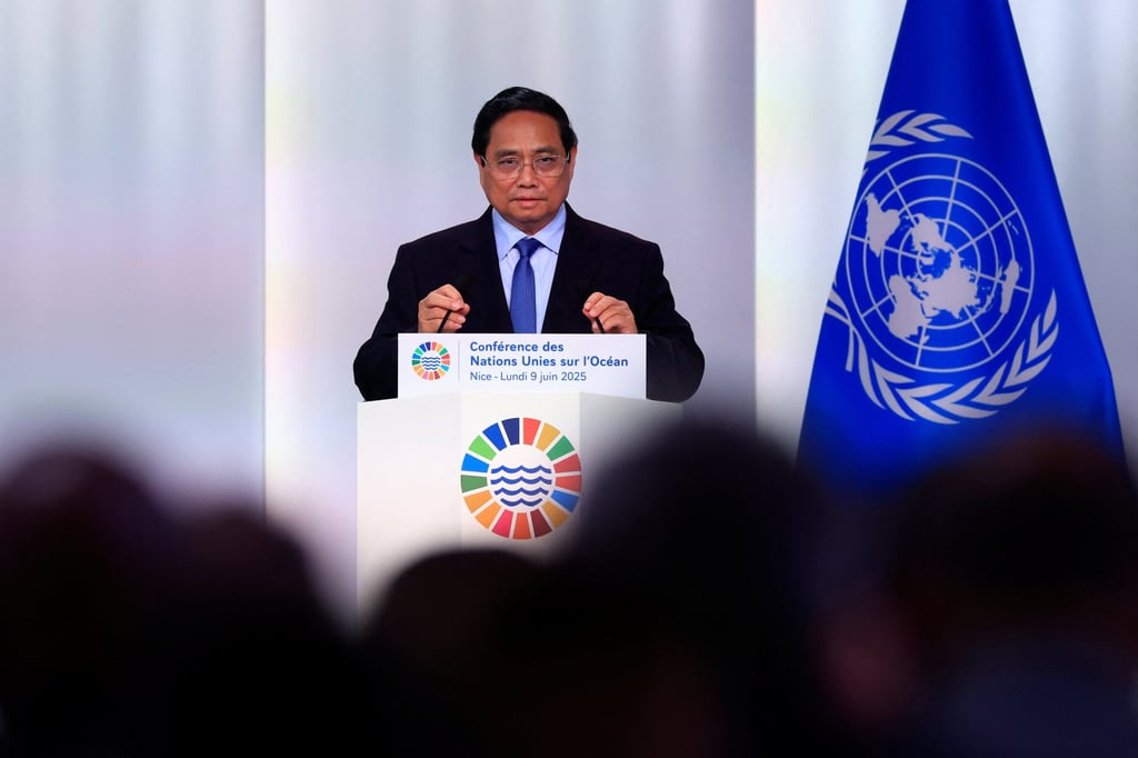 Vietnamese Prime Minister Pham Minh Chinh speaks at the third United Nations Ocean Conference in Nice, France, on June 9. Photo: Reuters