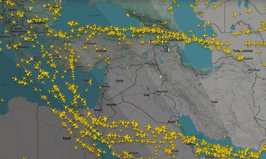 Live air traffic around the Middle East on Monday morning following US strikes on Iranian nuclear facilities. Image: Flightradar24