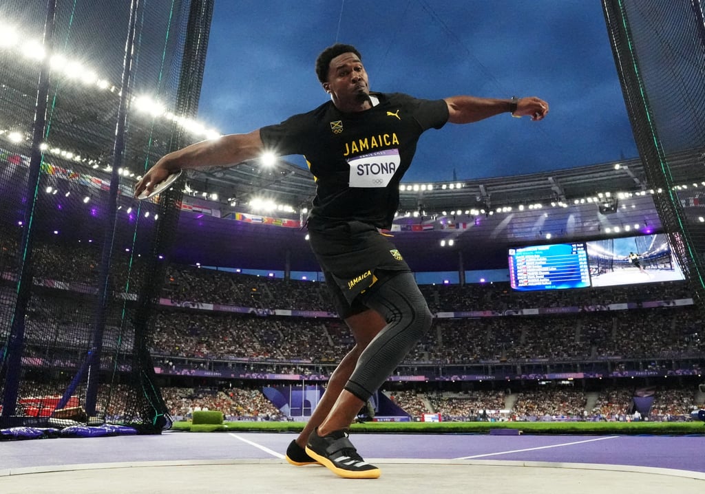 Jamaica’s Roje Stona takes part in the discus final in the Stade de France during the Paris Olympics. Photo: Reuters