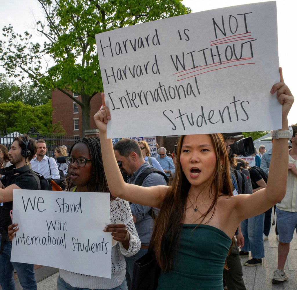 People hold up signs during the Harvard Students for Freedom rally in support of international students at the Harvard University campus in Boston, Massachusetts, on May 27. Photo: AFP People hold up signs during the Harvard Students for Freedom rally in support of international students at the Harvard University campus in Boston, Massachusetts, on May 27. Photo: AFP