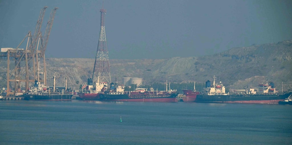 Tankers at the Khor Fakkan Container Terminal on Monday, the only natural deep-sea port in the Middle East and one of the major container ports along the Strait of Hormuz. Photo: AFP