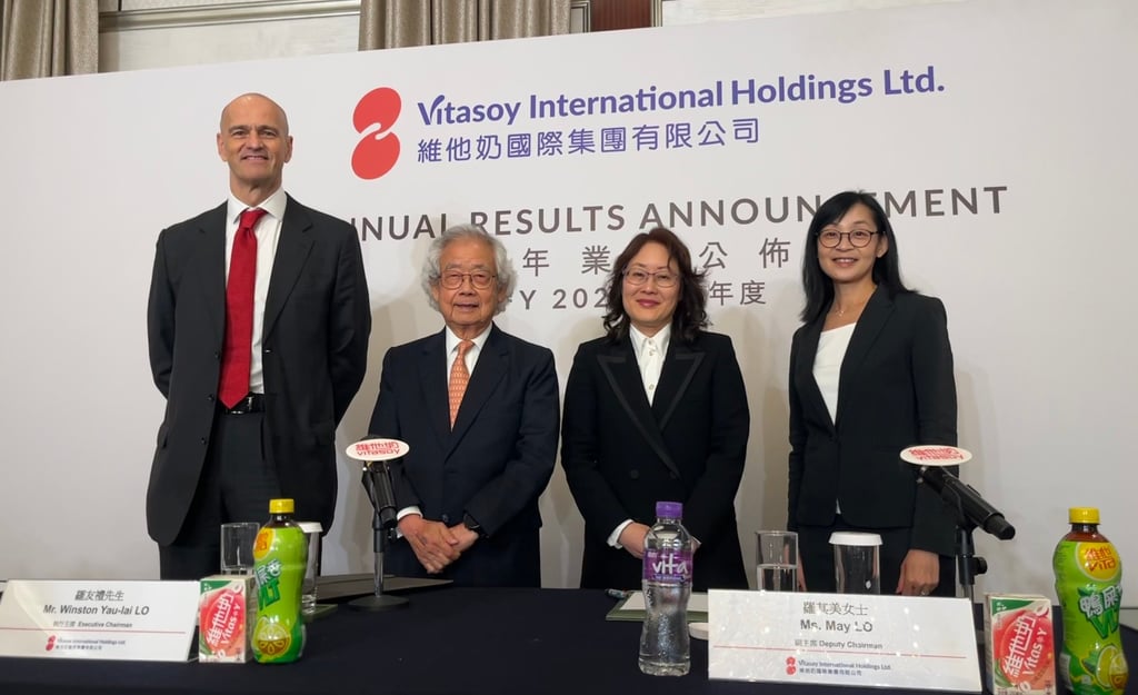 (From left) Vitasoy CEO Roberto Guidetti, executive chairman Winston Lo, deputy chairman May Lo, and group CFO Ian Ng, attend the earnings briefing in Hong Kong on Tuesday. Photo: Hannah Wang (From left) Vitasoy CEO Roberto Guidetti, executive chairman Winston Lo, deputy chairman May Lo, and group CFO Ian Ng, attend the earnings briefing in Hong Kong on Tuesday. Photo: Hannah Wang