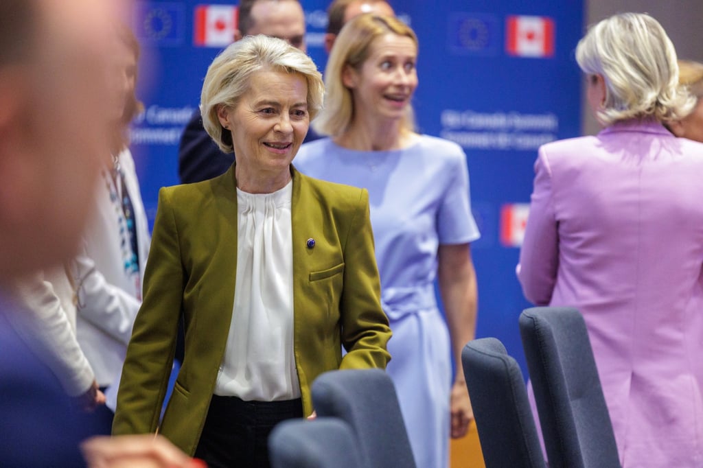 European Commission President Ursula von der Leyen and EU foreign policy chief Kaja Kallas arrive for a meeting of the 20th EU-Canada summit in Brussels, Belgium on Monday. Photo: EPA European Commission President Ursula von der Leyen and EU foreign policy chief Kaja Kallas arrive for a meeting of the 20th EU-Canada summit in Brussels, Belgium on Monday. Photo: EPA