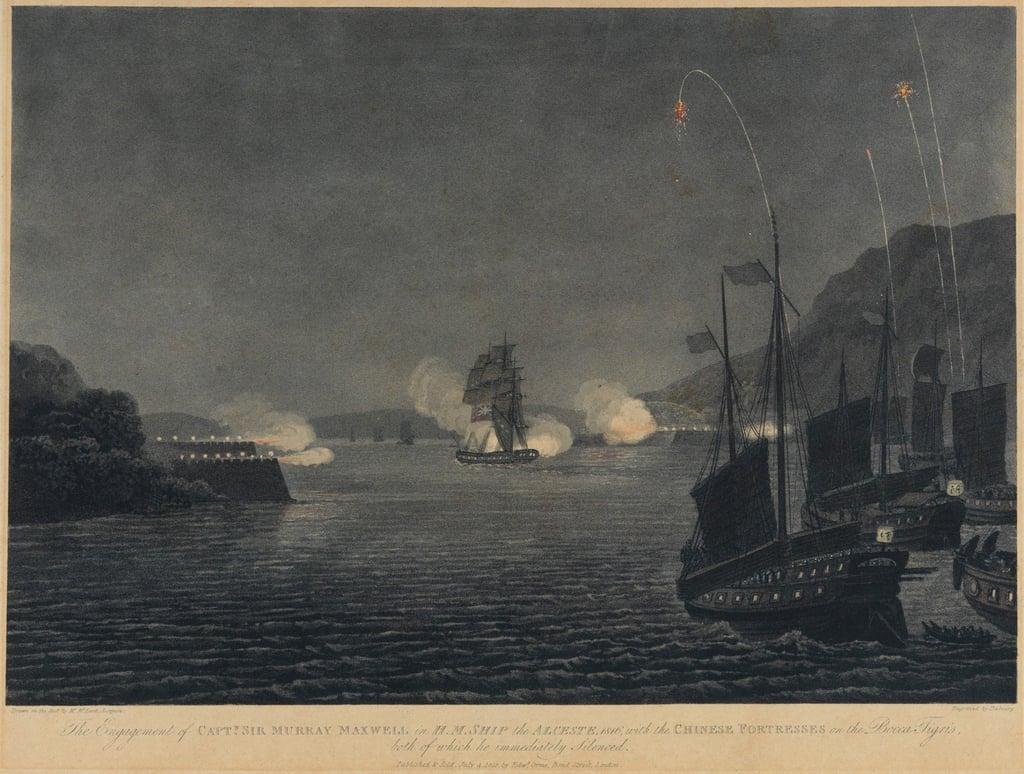 Engagement of the Alceste with the Bocca Tigris Forts in 1816, by John McLeod. From the collection of the Hong Kong Museum of Art, donated by Sir Paul Chater. Part of “Lost And Found: Guardians of the Chater Collection”. Photo: Handout Engagement of the Alceste with the Bocca Tigris Forts in 1816, by John McLeod. From the collection of the Hong Kong Museum of Art, donated by Sir Paul Chater. Part of “Lost And Found: Guardians of the Chater Collection”. Photo: Handout