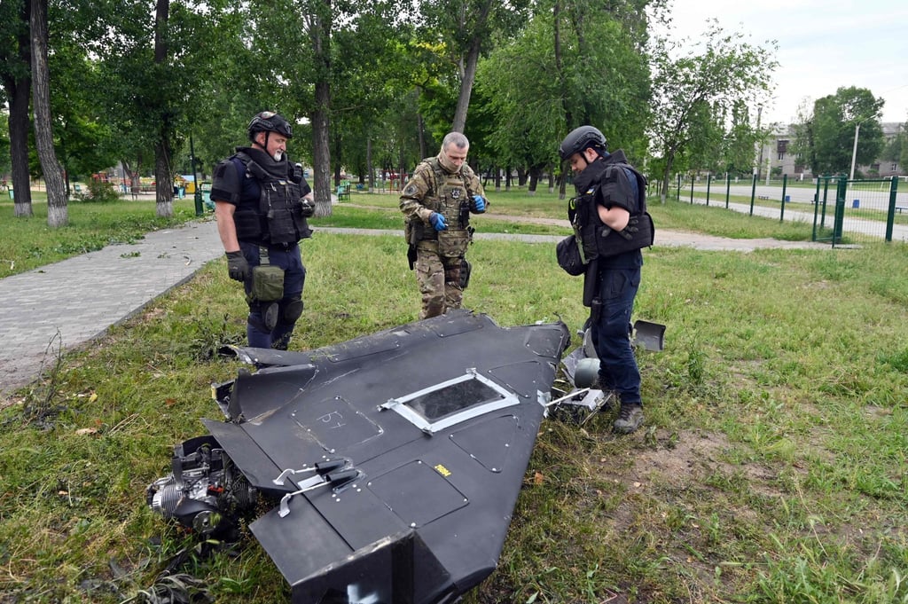 Most Russian attack drones are black. One discovered last week was white. Photo: AFP