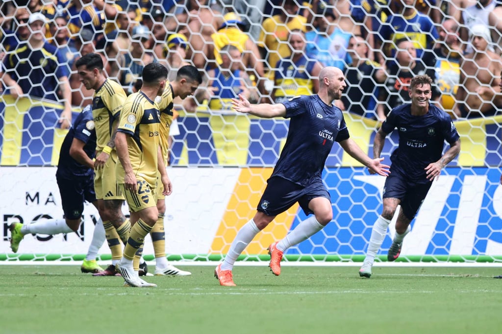 Christian Gray celebrates Auckland’s equaliser against Boca on Tuesday. Photo: Getty Images via AFP