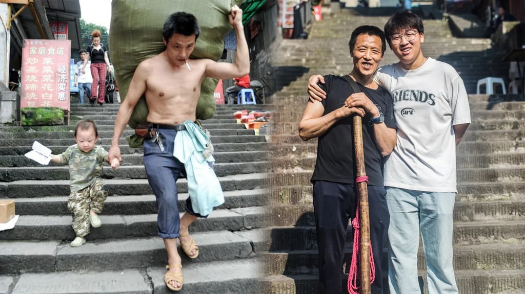 A hard-working Chinese man and his son, who went viral thanks to a photo taken 15 years ago when the boy was a toddler, are back in the spotlight thanks to a Father’s Day tribute. Photo: SCMP composite/The Paper/CCTV A hard-working Chinese man and his son, who went viral thanks to a photo taken 15 years ago when the boy was a toddler, are back in the spotlight thanks to a Father’s Day tribute. Photo: SCMP composite/The Paper/CCTV