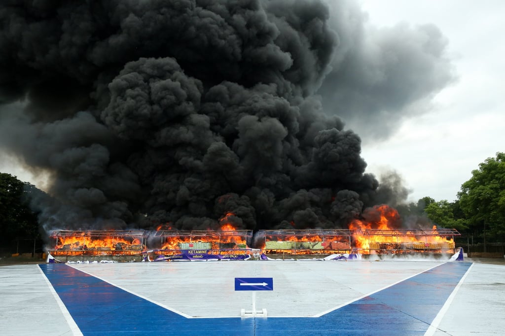 Seized drugs are burnt in Yangon. Myanmar has a long history of drug production linked to political and economic insecurity caused by decades of armed conflict. Photo: Xinhua