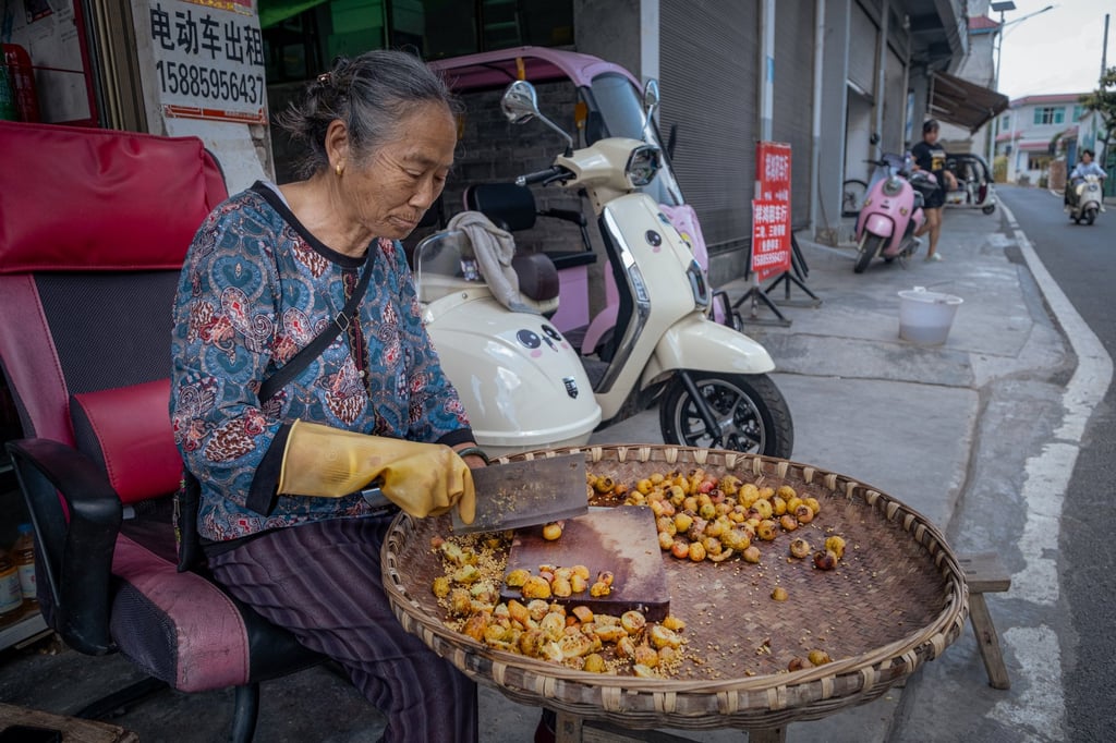 A street-food vendor in Upper Nahui village, where most of the stores also function as vehicle-rental shops. Photo: Chan Kit Yeng
