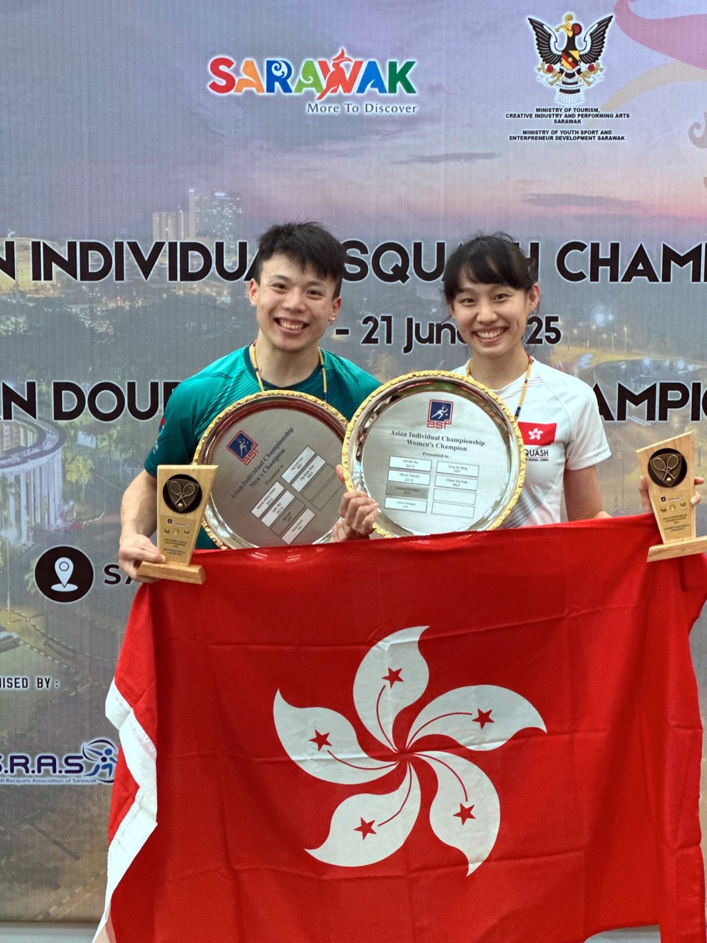Alex Lau (left) and Tomato Ho won their maiden regional individual titles at the Asian Squash Championships in Malaysia last week. Photo: Handout