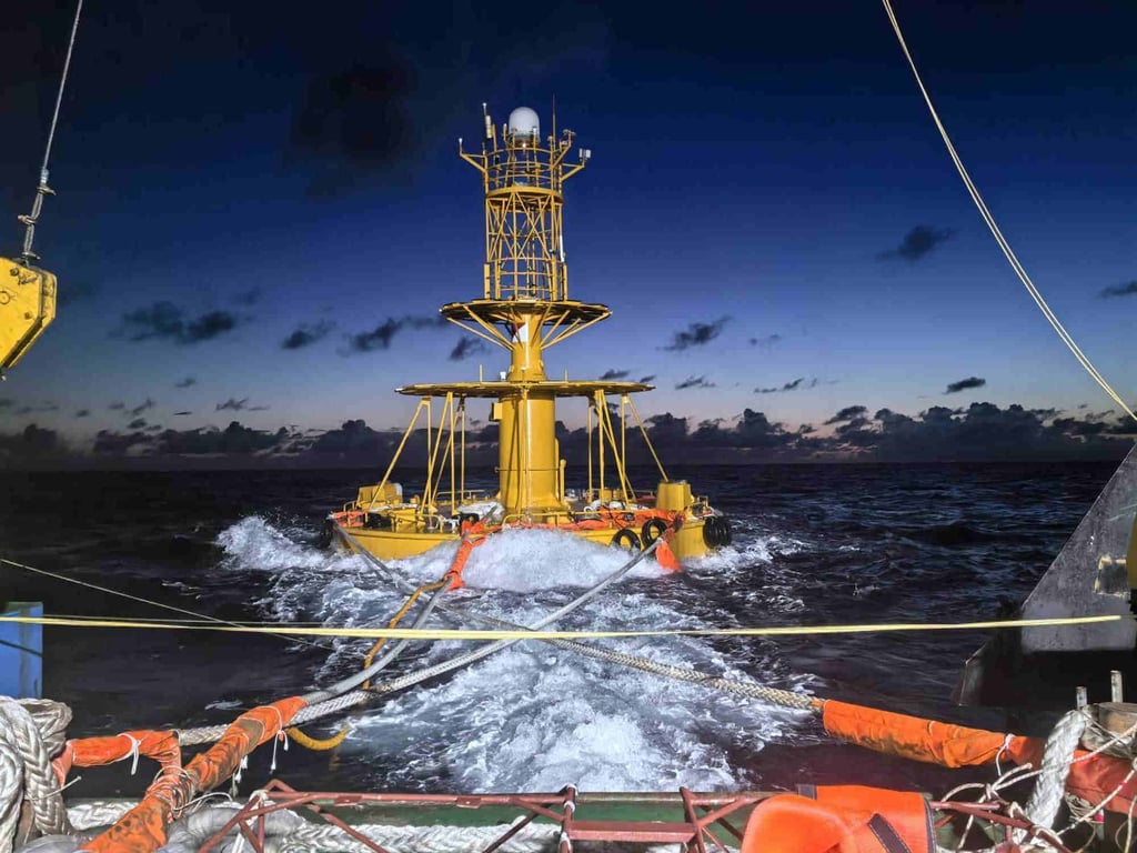 The buoy was towed to a site in the South China Sea where the water is more than 3,500 metres deep. Photo: Handout The buoy was towed to a site in the South China Sea where the water is more than 3,500 metres deep. Photo: Handout
