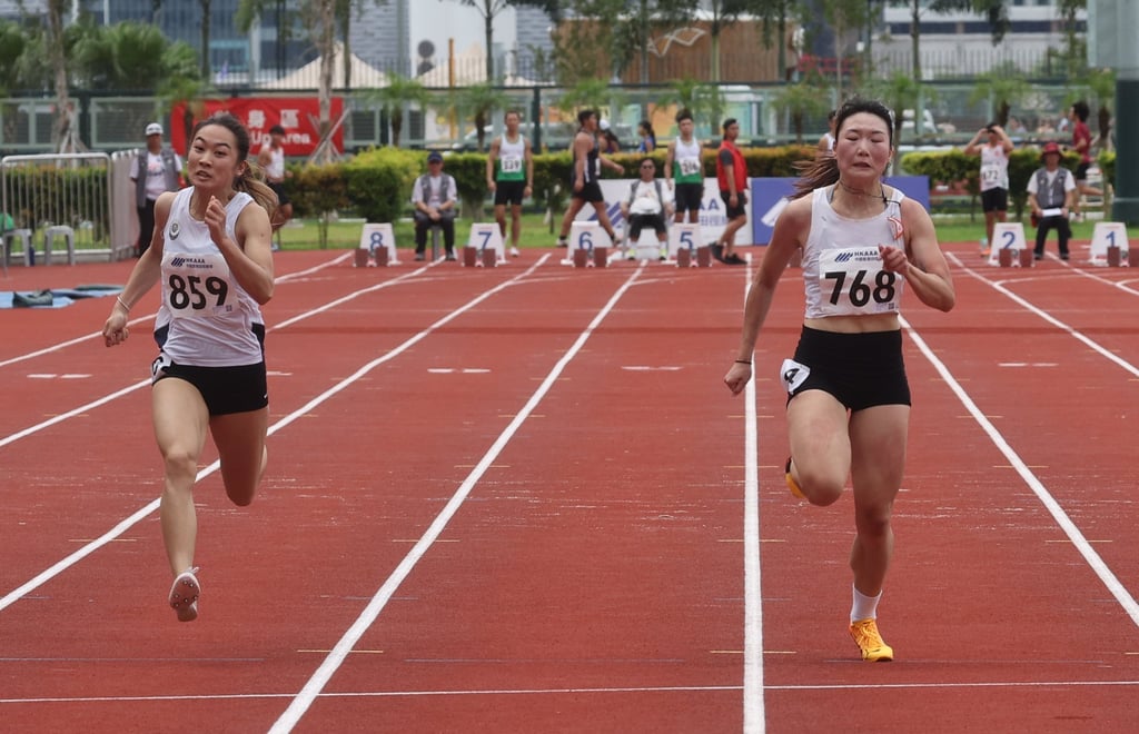 Leung Kwan-yi (right) won the 100m final with Lee Hau-yi (left) finishing second. Photo: Edmond So Leung Kwan-yi (right) won the 100m final with Lee Hau-yi (left) finishing second. Photo: Edmond So