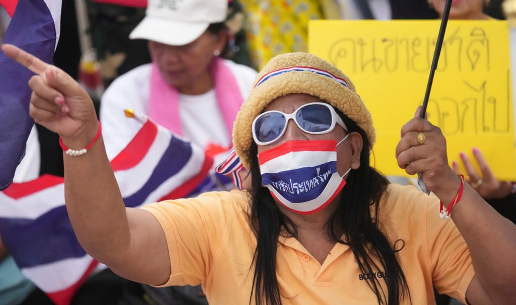 Protesters gather at Bangkok’s Victory Monument demanding the resignation of Thailand’s Prime Minister Paetongtarn Shinawatra on Saturday. Photo: AP