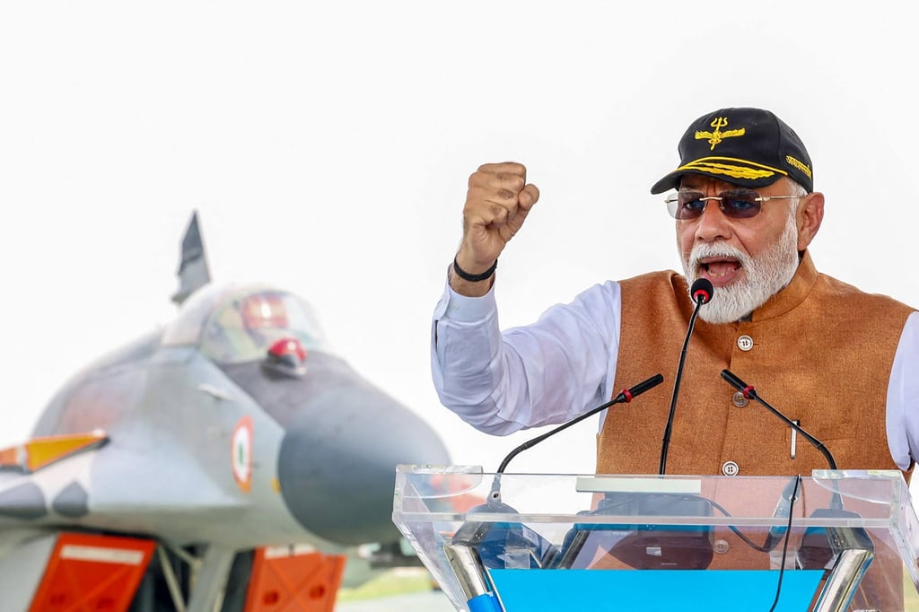 Indian Prime Minister Narendra Modi addresses armed forces personnel during a visit to an airbase in India’s Punjab state last month. Photo: Indian Press Information Bureau / AFP