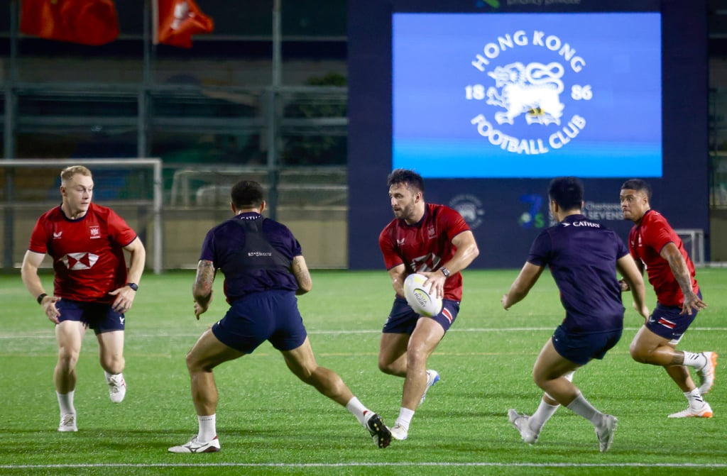 Ben Axten-Burrett (with ball) and his Hong Kong teammates during training. Photo: Jonathan Wong Ben Axten-Burrett (with ball) and his Hong Kong teammates during training. Photo: Jonathan Wong