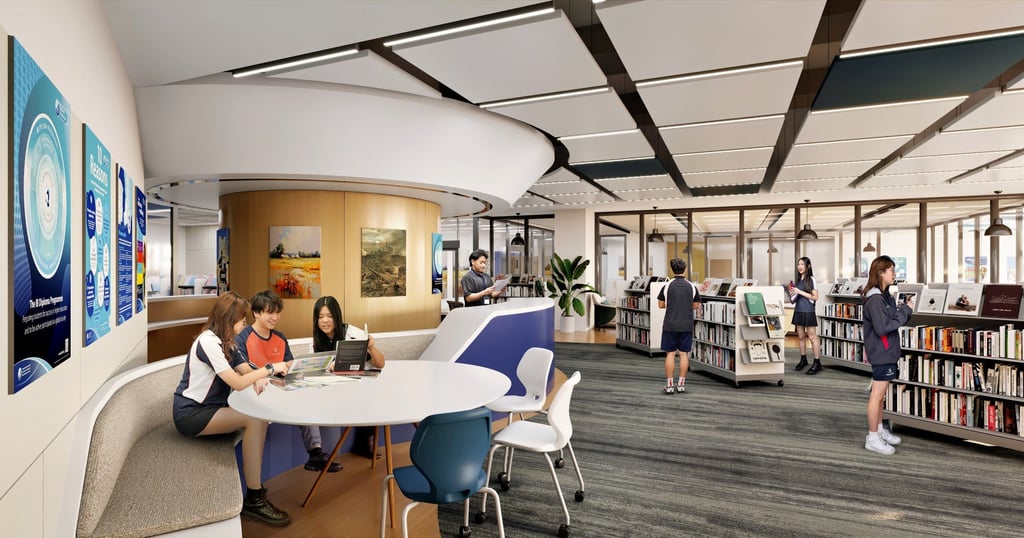 A computer-generated image of the library and research hub at Stamford American School Hong Kong’s new campus, which will overlook Hoi Fai Road Promenade.