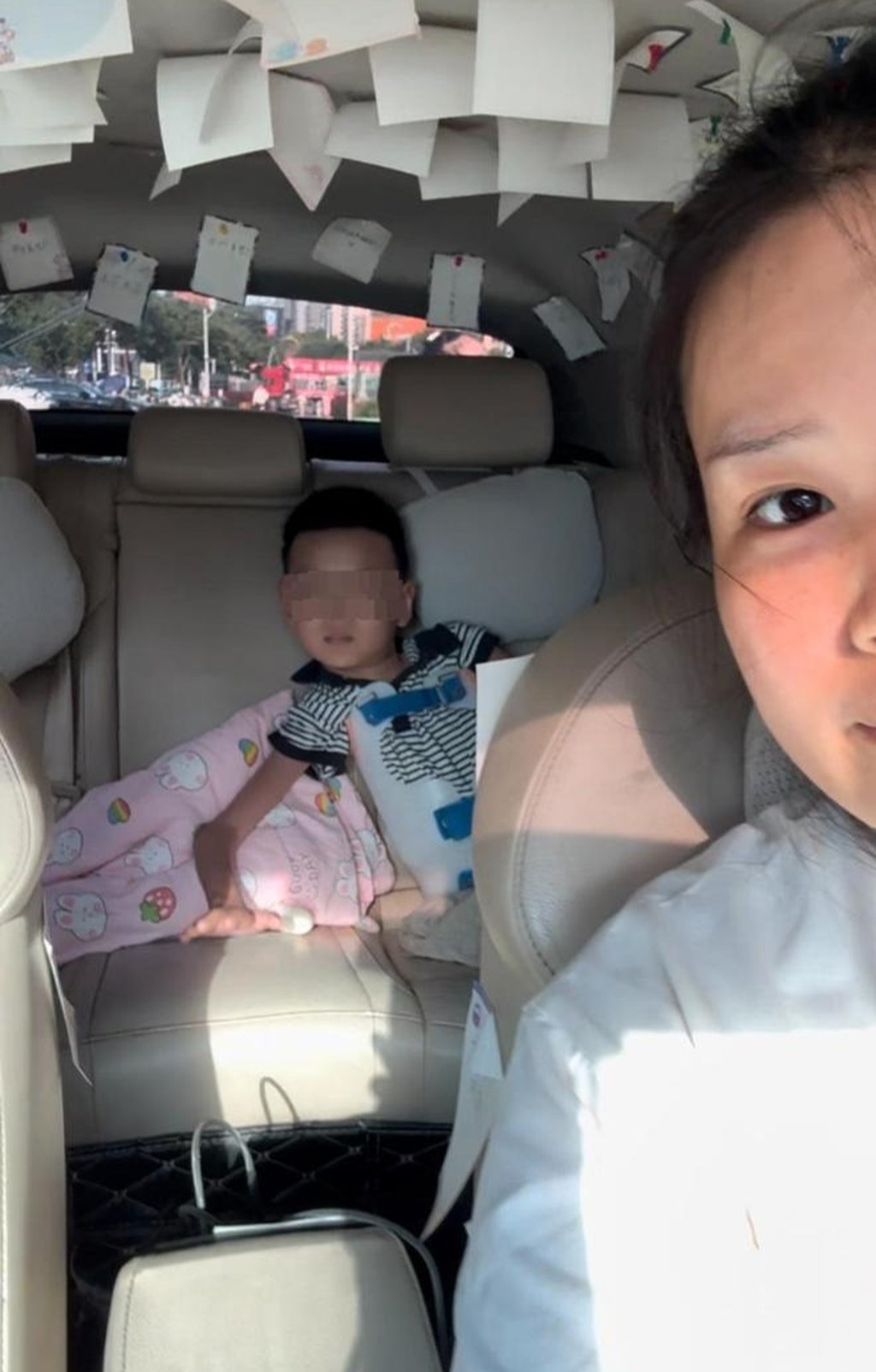 Little Momo relaxes in the back seat as his mother keeps watch over him in the rear-view mirror. Photo: handout Little Momo relaxes in the back seat as his mother keeps watch over him in the rear-view mirror. Photo: handout