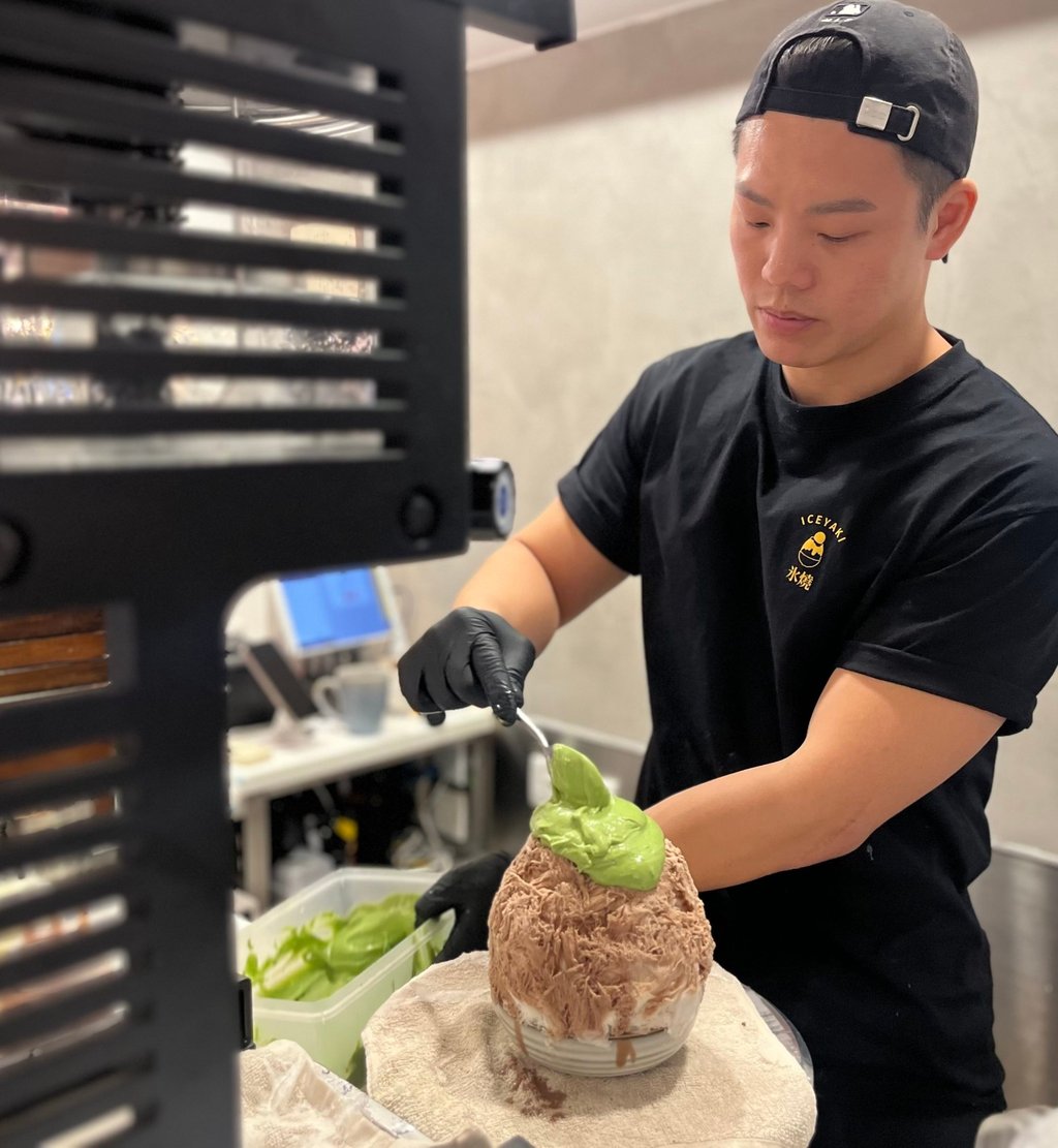 Zico Hau prepares Nishio matcha kakigori at Iceyaki. Photo: Kylie Knott