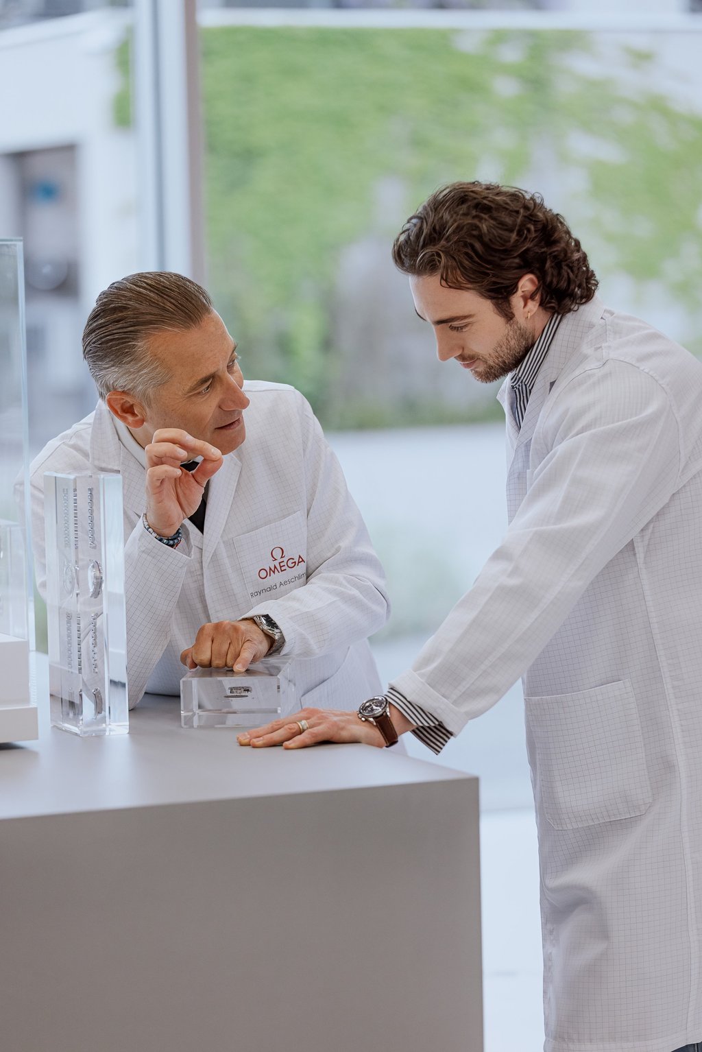 Omega ambassador Aaron Taylor-Johnson with Omega CEO Raynald Aeschlimann. Photo: Handout