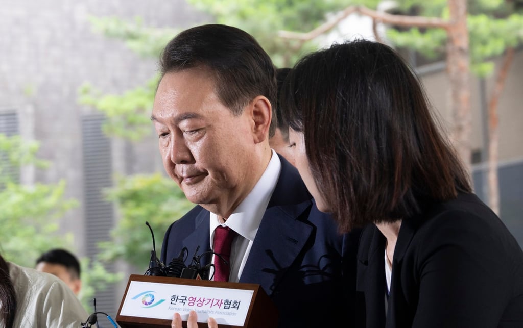 Former president Yoon Suk-yeol arrives for questioning over charges related to the December 3 martial law imposition at the special prosecutor’s office in Seoul on June 28. Photo: EPA