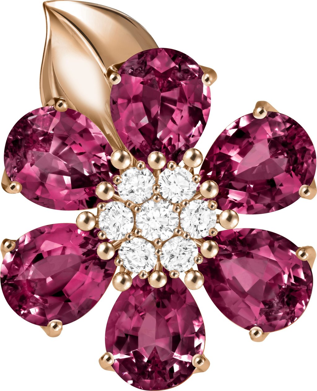 Fleurs d’Hawaï clip in rose gold, rhodolites and diamonds stands out for its vivid pink hue. Photo: Van Cleef & Arpels Fleurs d’Hawaï clip in rose gold, rhodolites and diamonds stands out for its vivid pink hue. Photo: Van Cleef & Arpels