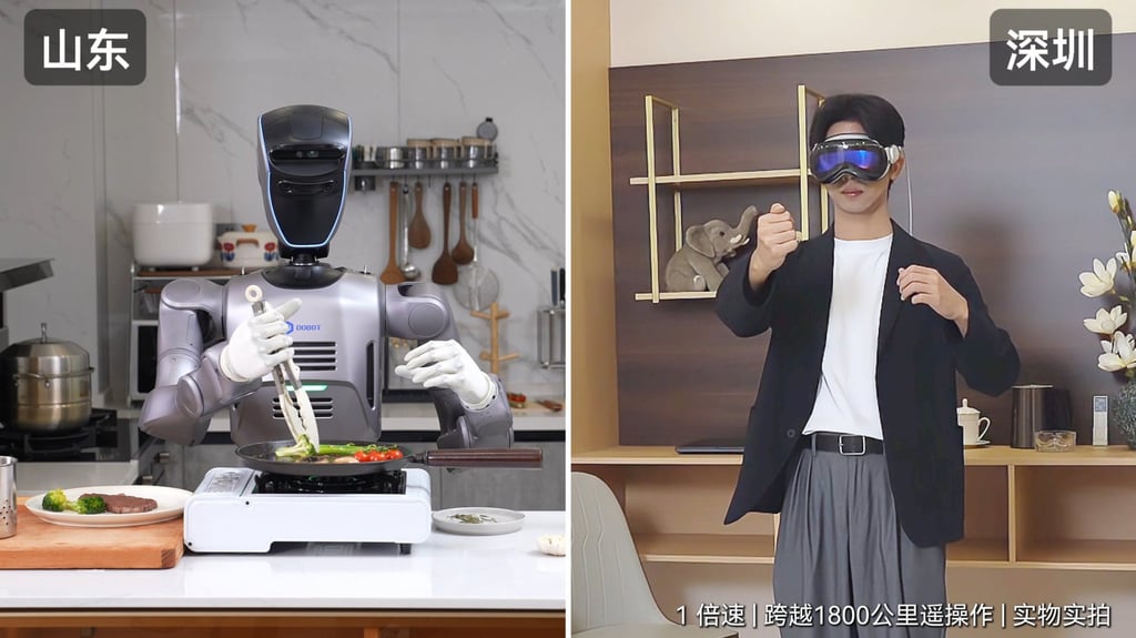 A man wearing a VR headset teleoperates a Shenzhen Dobot robot from 1,800km away. Photo: Handout A man wearing a VR headset teleoperates a Shenzhen Dobot robot from 1,800km away. Photo: Handout