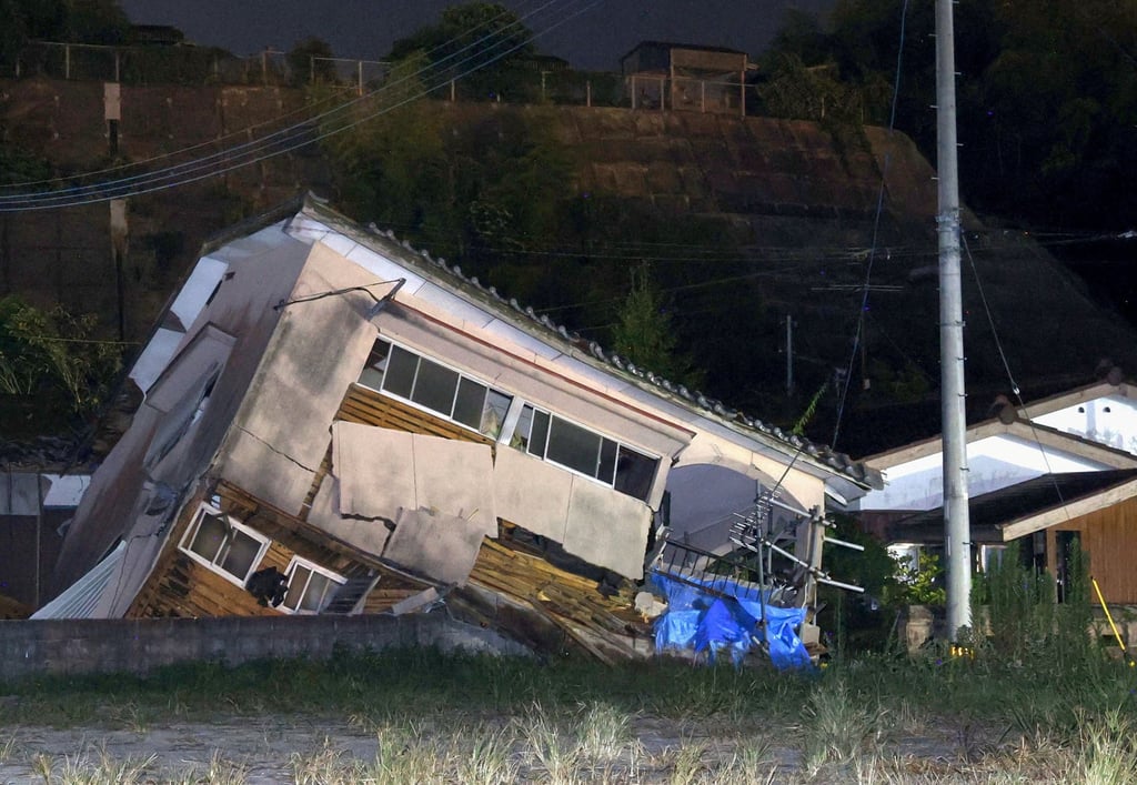 A collapsed house after an earthquake in Osaki town, Kagoshima prefecture, on August 8, last year. Photo: Kyodo/Reuters