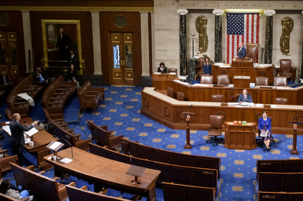 House Democratic Leader Hakeem Jeffries of New York (left) speaking in the House chamber early Thursday morning before the final vote for President Donald Trump’s signature bill of tax breaks and spending cuts. Photo: AP