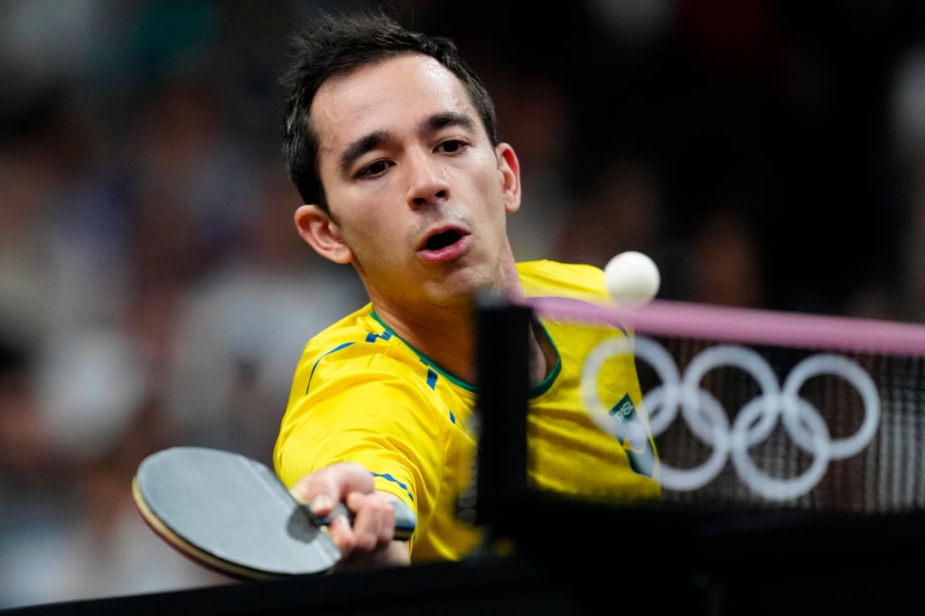 Hugo Calderano in action during the men’s teams quarter-finals at the Paris Olympics. Photo: AP