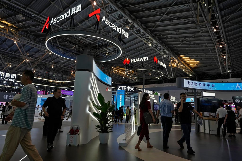 The Huawei Ascend AI booth at The World Artificial Intelligence Conference in Shanghai, July 4, 2024. Photo: AP The Huawei Ascend AI booth at The World Artificial Intelligence Conference in Shanghai, July 4, 2024. Photo: AP