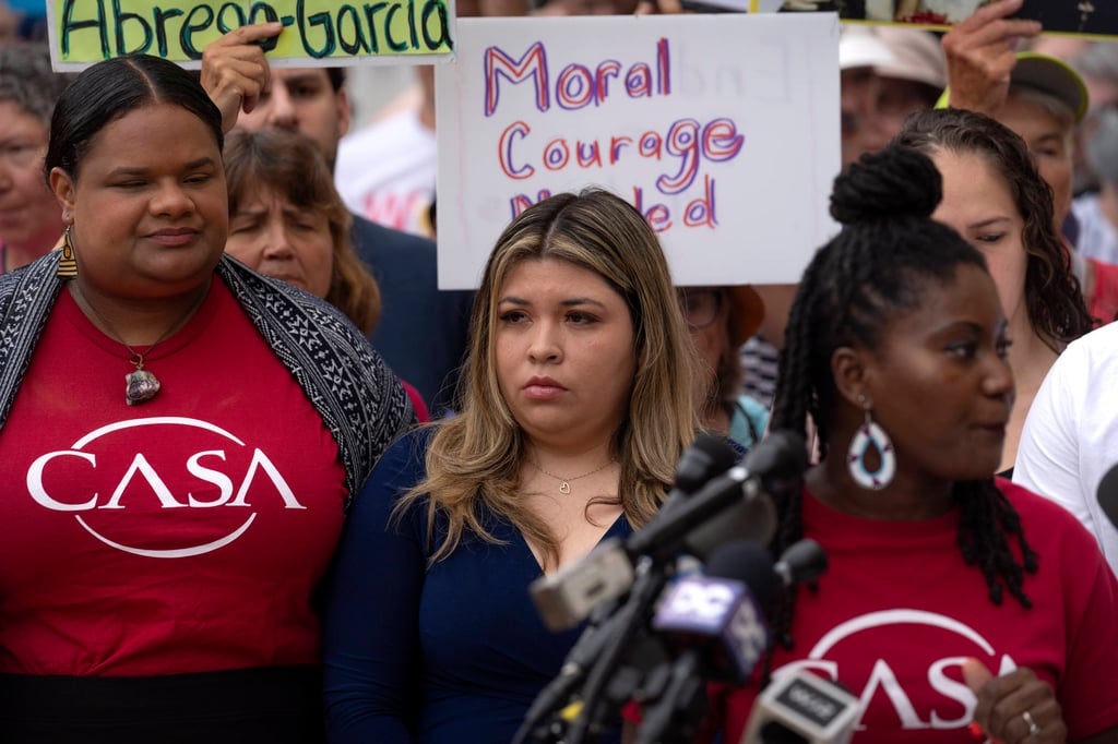 Jennifer Vasquez Sura, centre, the wife of Kilmar Abrego Garcia. Photo: AP