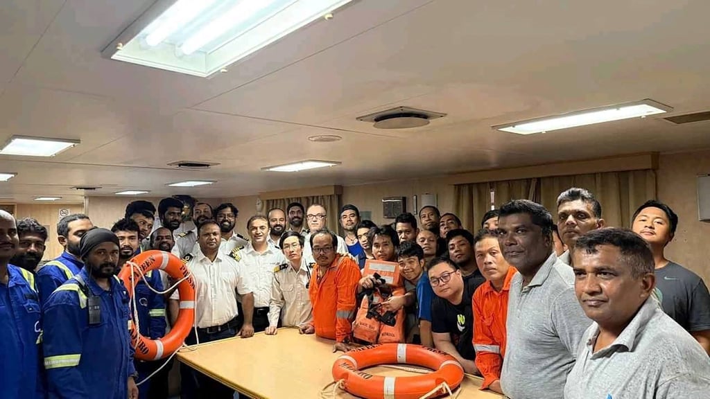 The Magic Seas crew after they were rescued. Photo: UAE Ministry of Foreign Affairs via AFP The Magic Seas crew after they were rescued. Photo: UAE Ministry of Foreign Affairs via AFP